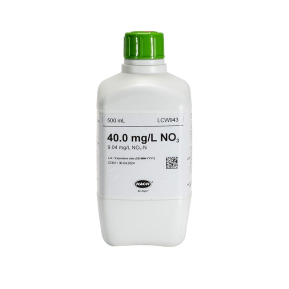 Nitrate standard, 40 mg/L NO₃ (9.04 mg/L NO₃-N), 500 mL