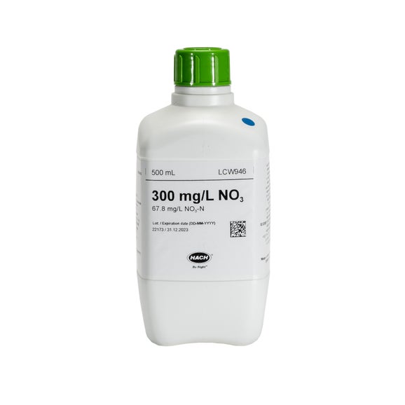 Nitrate standard, 300 mg/L NO₃ (67.8 mg/L NO₃-N), 500 mL
